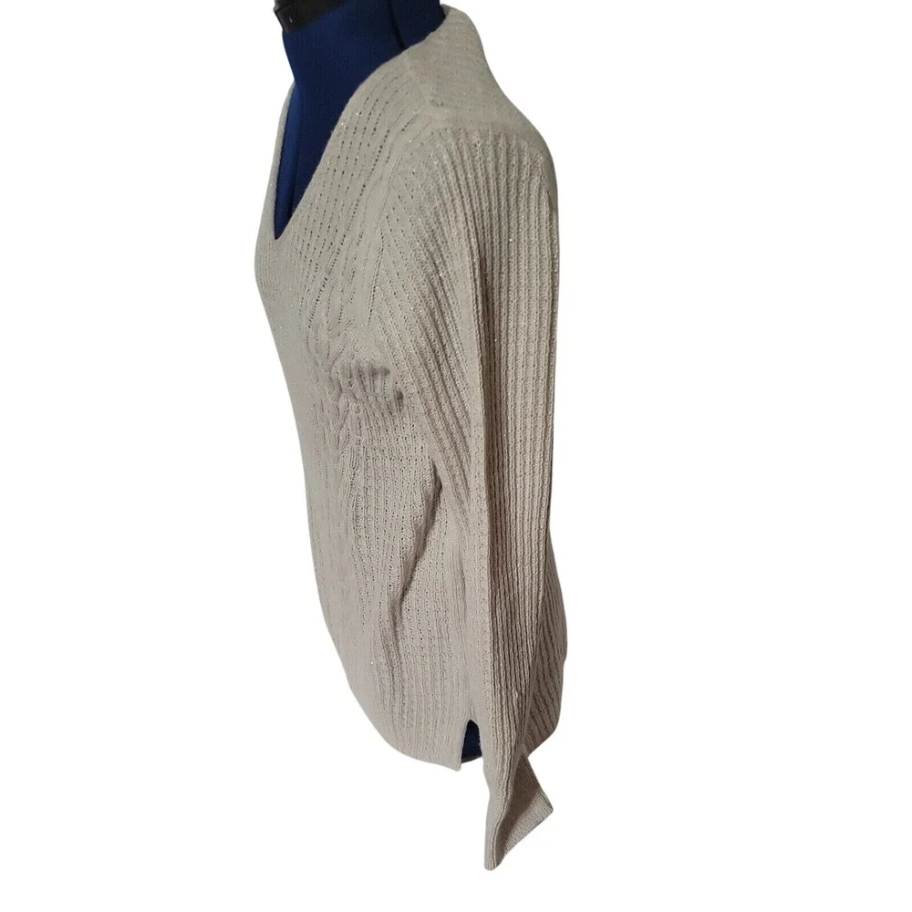 St Johns Bay Womens‎ Beige Metallic Cable Knit V-Neck Sweater Large L Shimmer